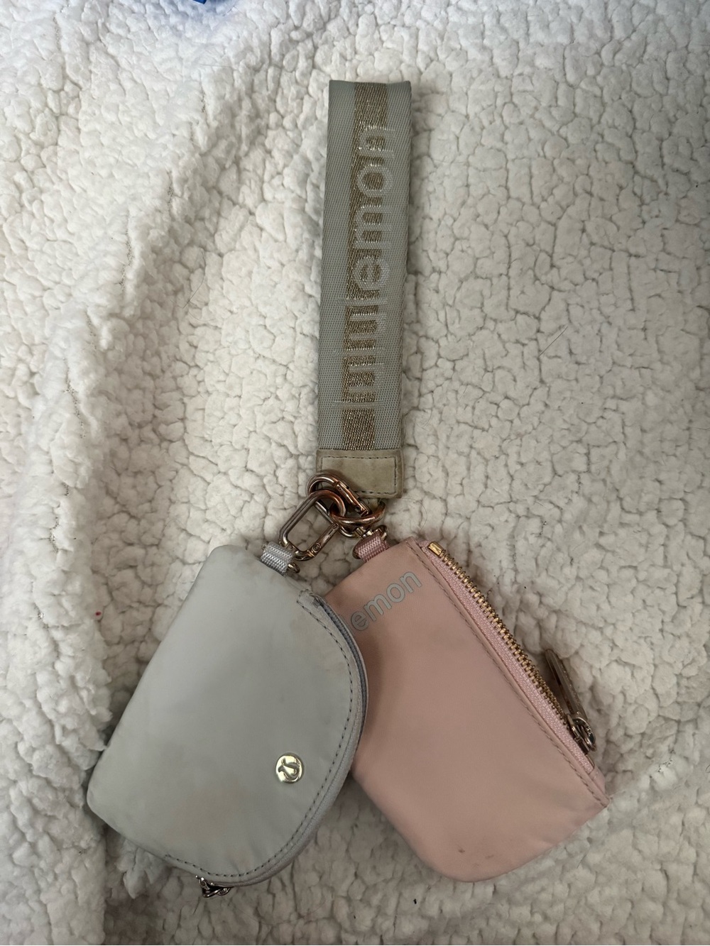 lululemon athletica beige strap with light gray and blush pink coin pouches